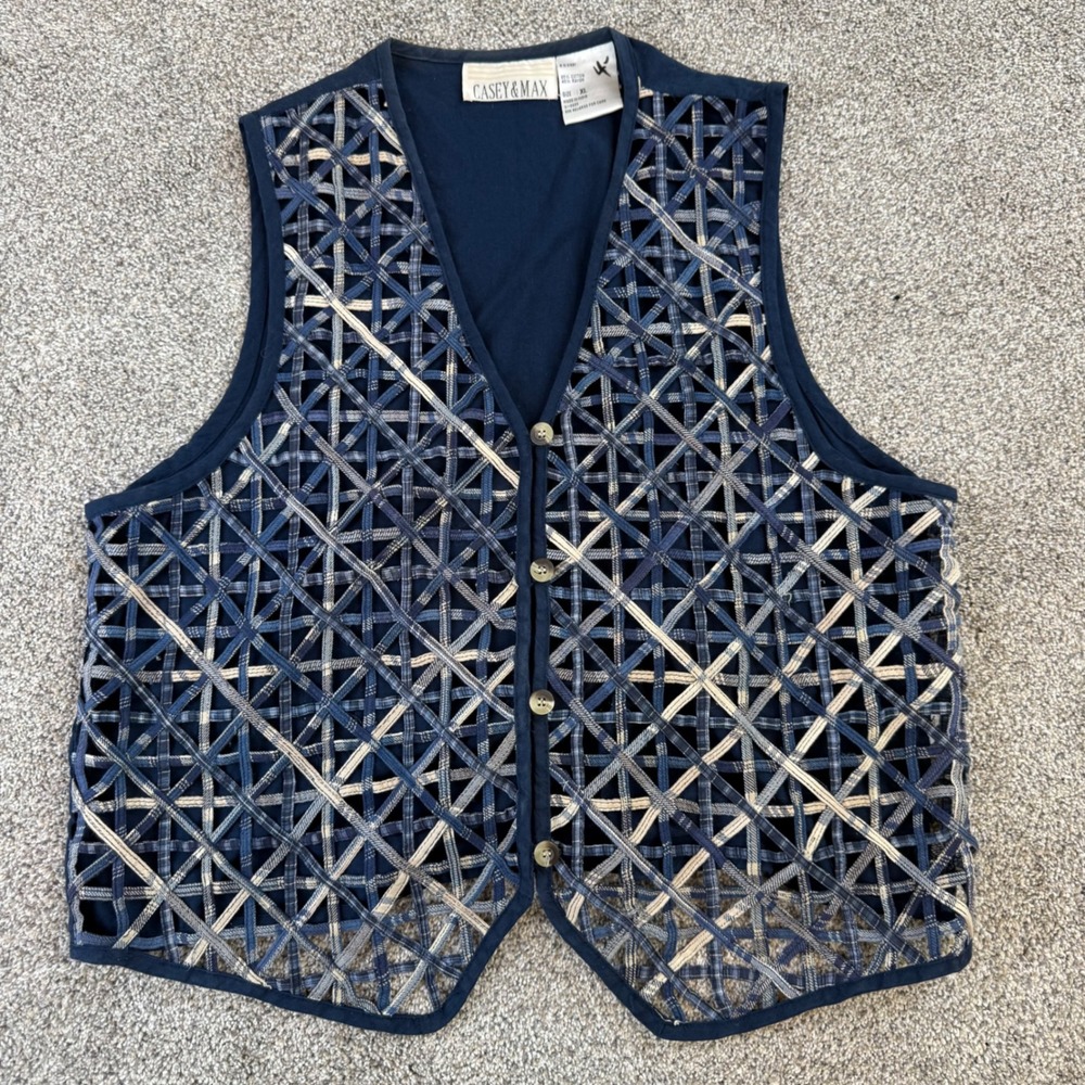 Casey & Max Vintage Lattice Plaid Weave Vest Navy Blue Boho Sleeveless XL